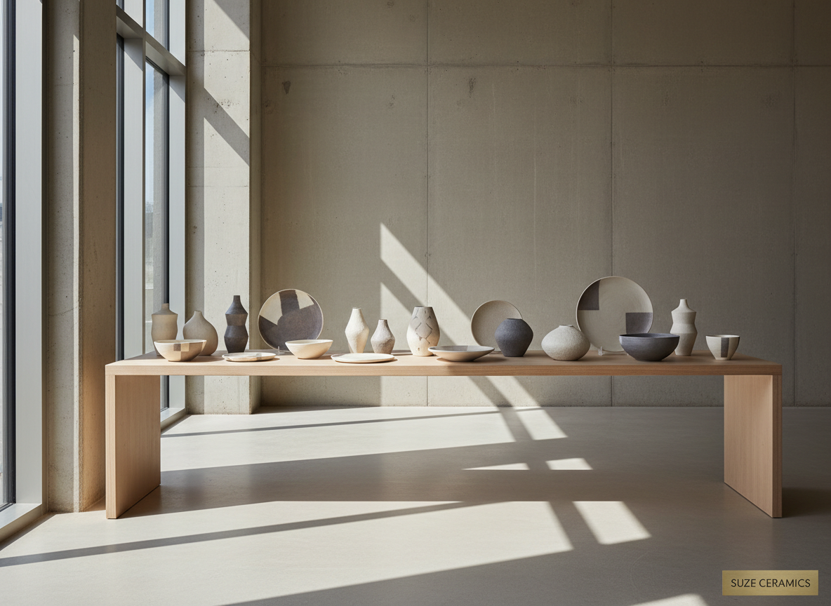 A sleek display of assorted custom ceramic pieces arranged on a smooth, neutral-toned shelf in a modern studio environment. Each piece is meticulously crafted from porcelain and stoneware, featuring matte and satin finishes in soft whites, cool greys, and delicate taupes. The setting is an uncluttered, professional workspace with clean lines and subtle architectural details. Natural daylight pours in from an unseen window, creating gentle highlights and soft shadows that enhance the texture of the ceramics. The mood is calm, precise, and inviting. Captured at eye level with a balanced composition, ensuring that every object is sharply in focus. The visual style emphasizes photographic realism, clean structure, and a corporate, minimalist aesthetic—perfect for representing the breadth and quality of Suze Ceramics’ offerings.